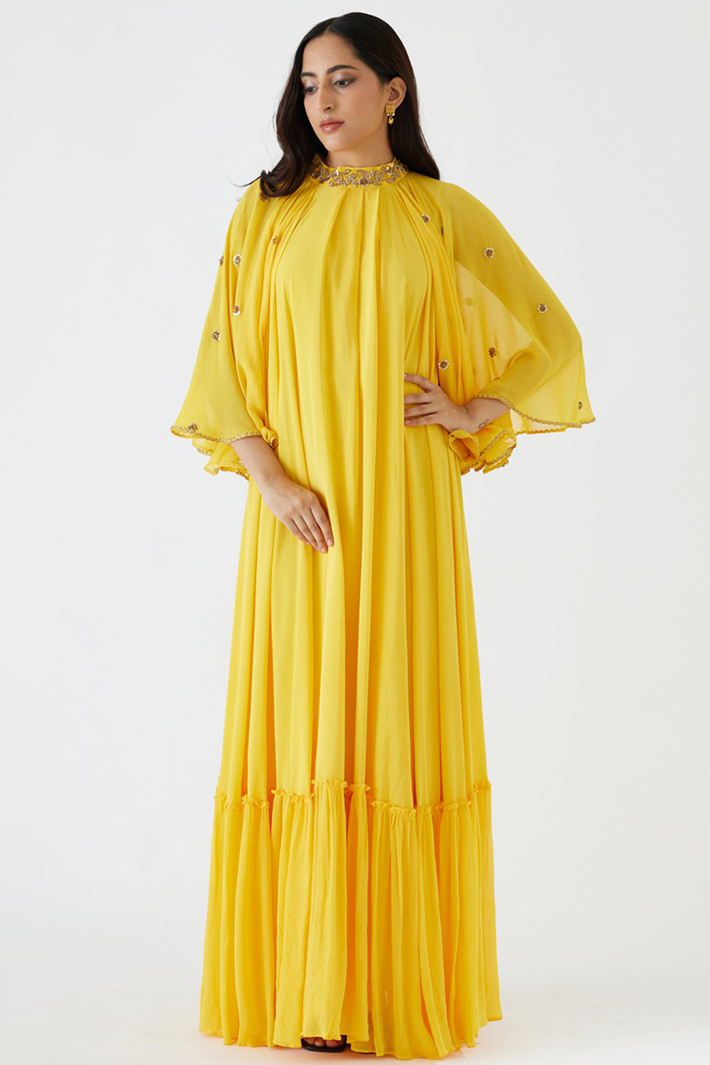Yellow Embroidered Cape Dress