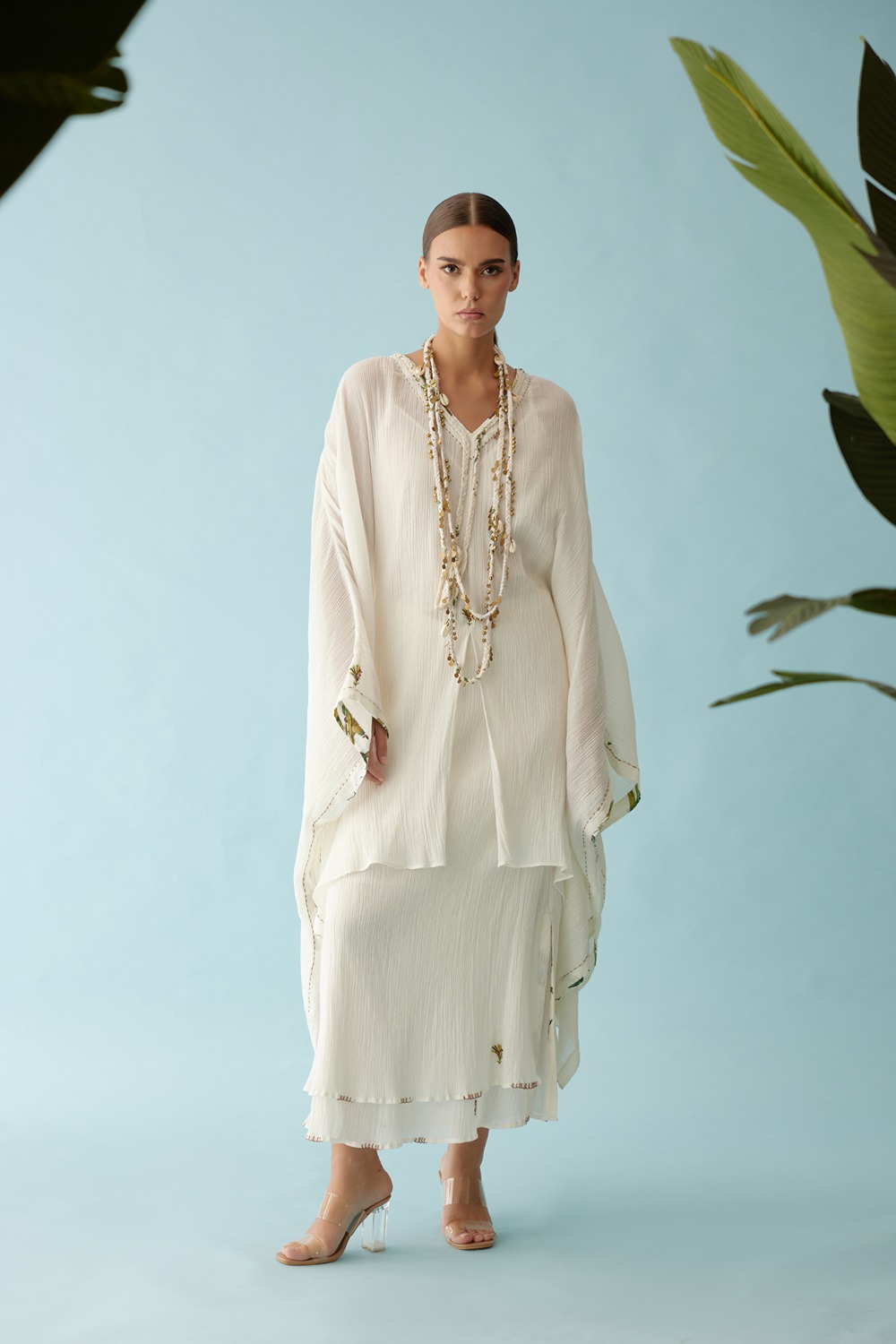 Off-White Hand Braided Tassels And Banana Tree Applique Co-Ord Sets