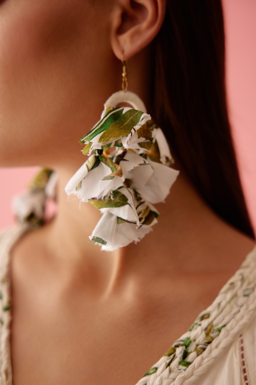 Cream Recycled Banana Tree Print Tassels Earrings