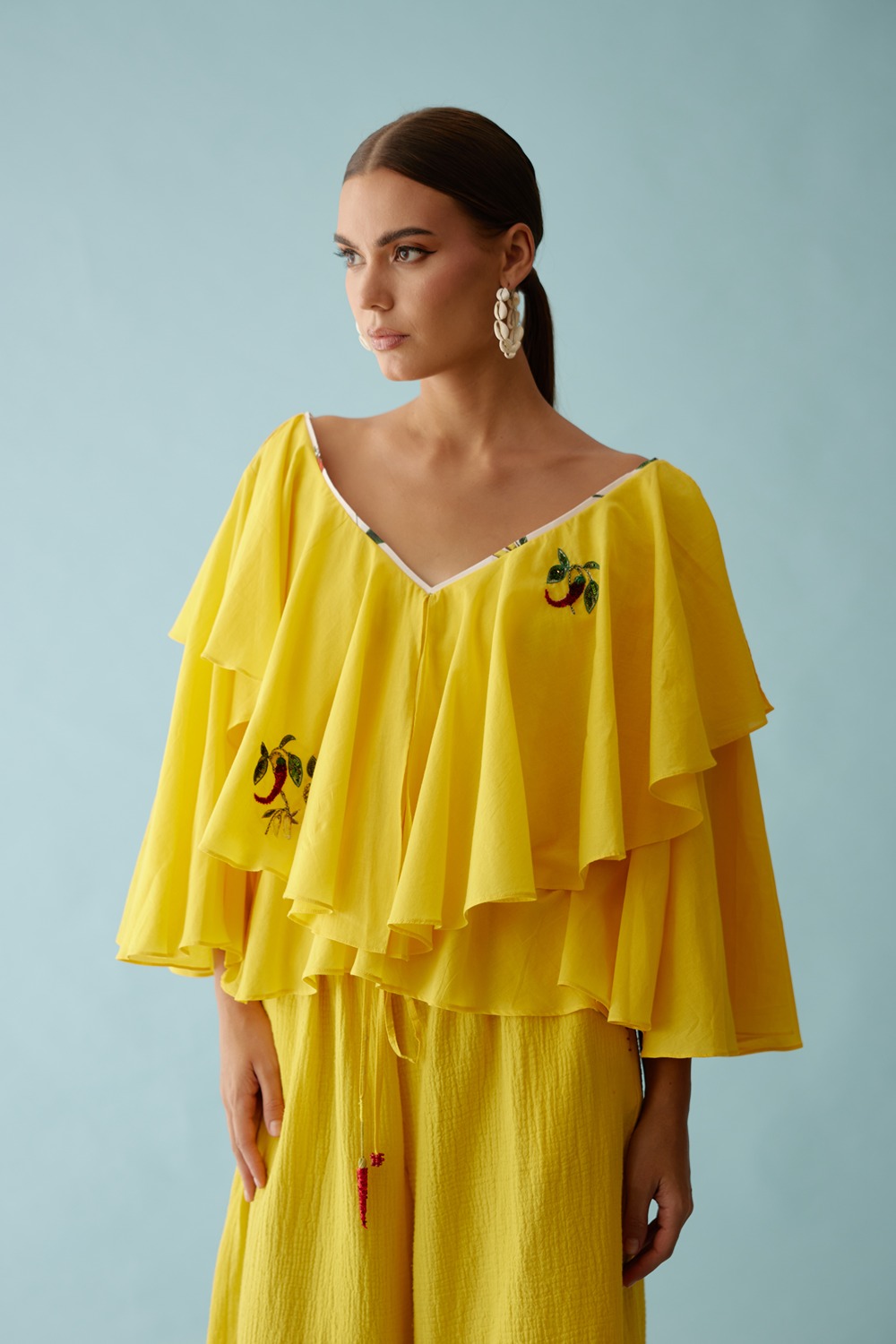 Yellow Hand Embroidered Chilli Applique Frill Top 