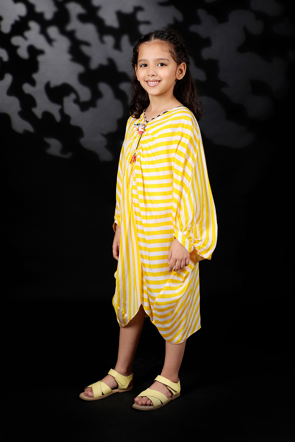 Yellow Lehariya Crepe Kaftan Dress