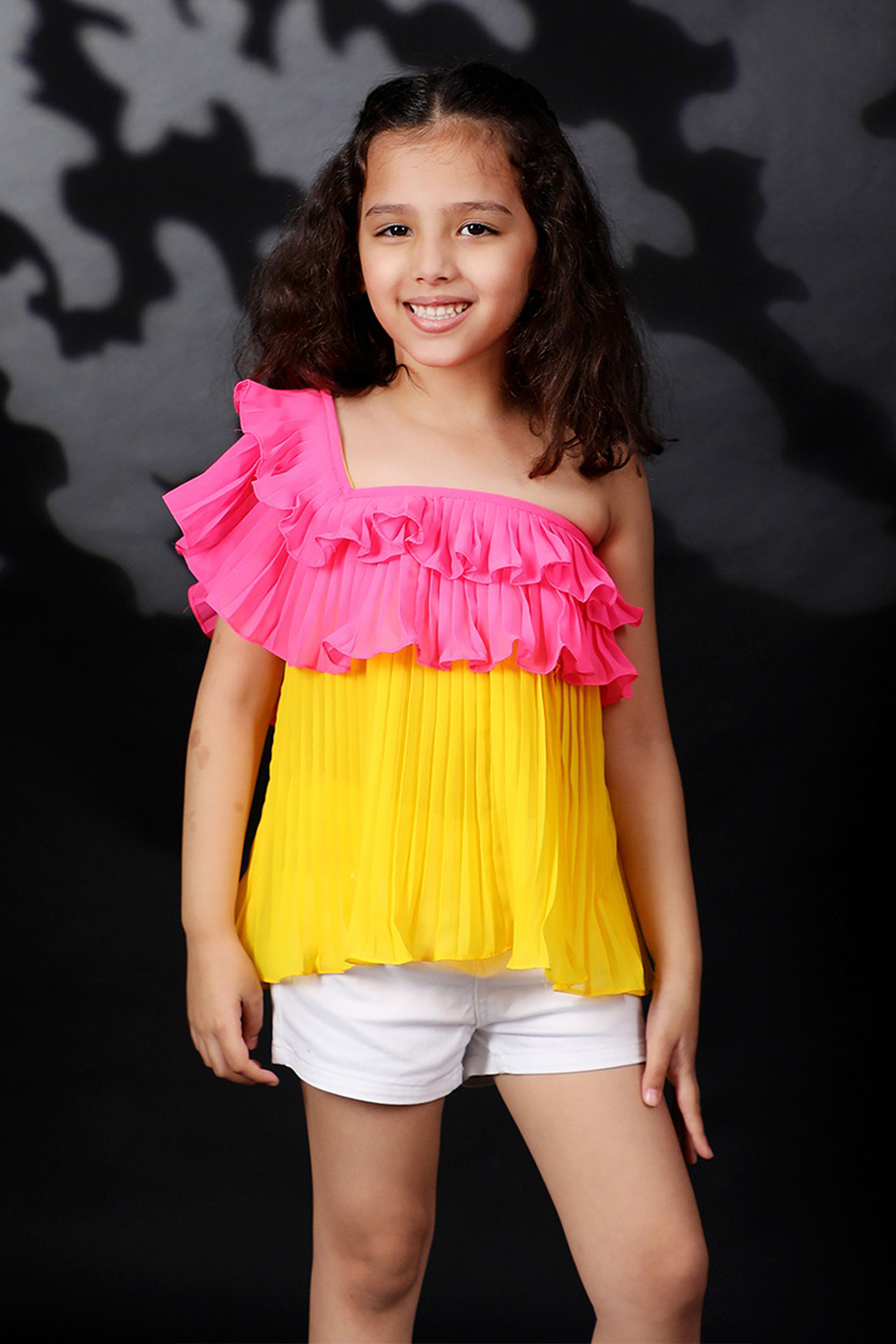 Mithai Pink & Yellow Off Shoulder Pleated  Top