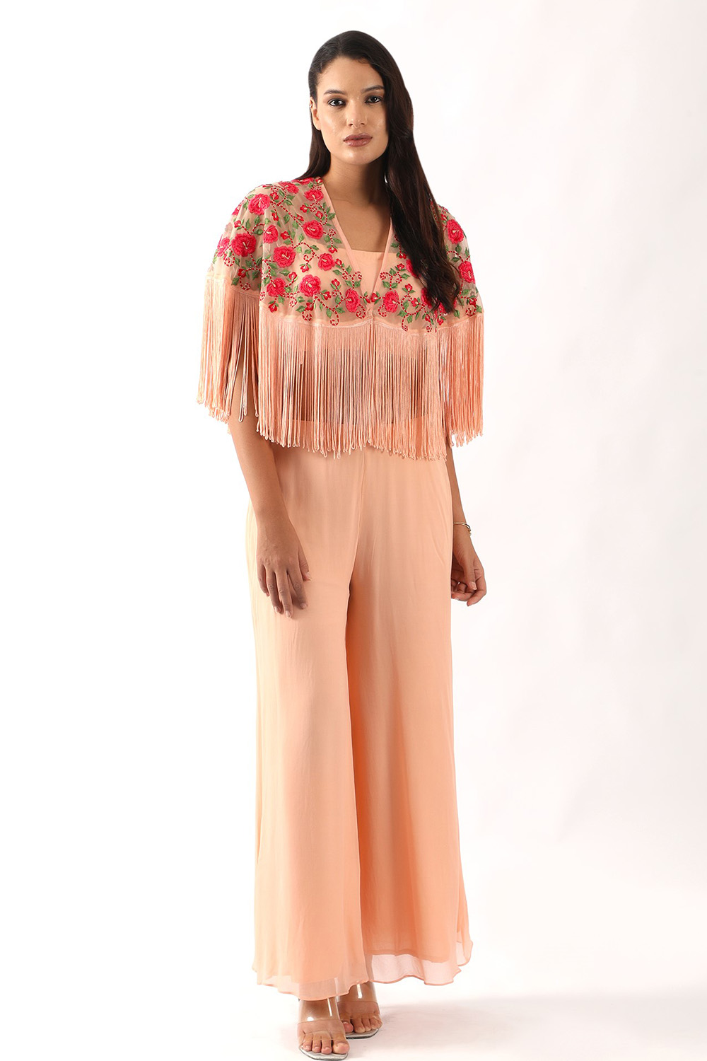 Pink embroidered fringed cape with blouse and flaired pants