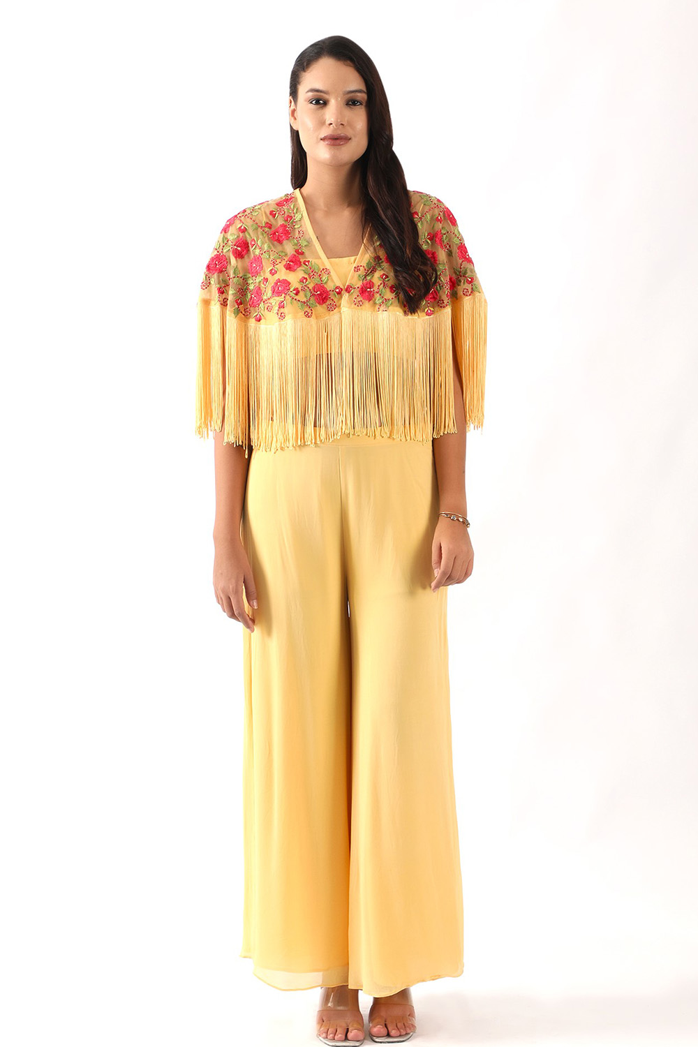 Yellow embroidered fringed cape with blouse and flaired pants
