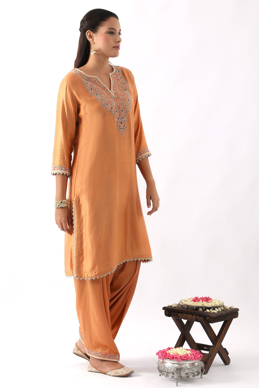 Orange Neck Embroidered Kurta & Salwar Set