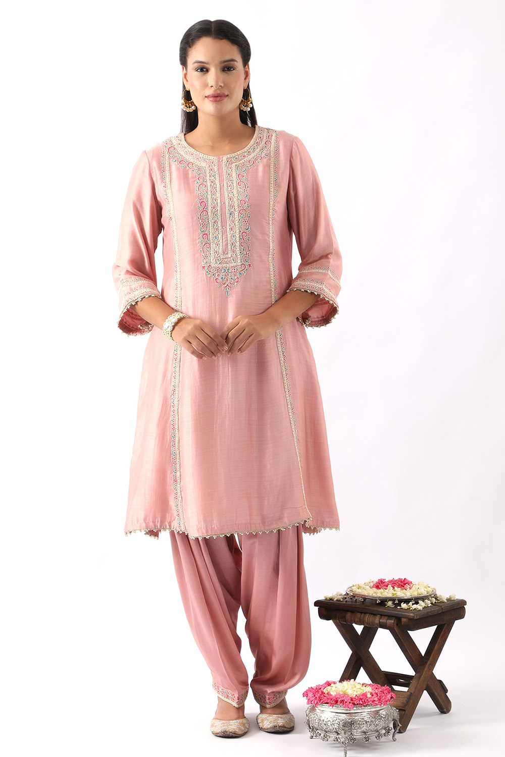 Blush Pink Embroidered A-Line Kurta & Salwar Set