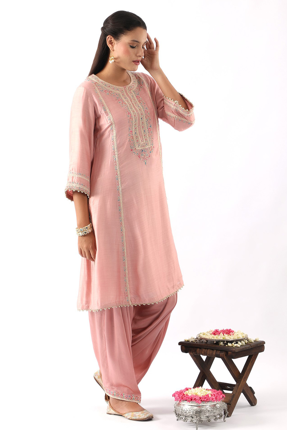 Blush Pink Embroidered A-Line Kurta & Salwar Set