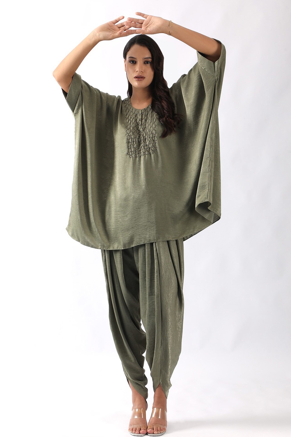 Olive Green yoke embroidered kaftan paired with dhoti