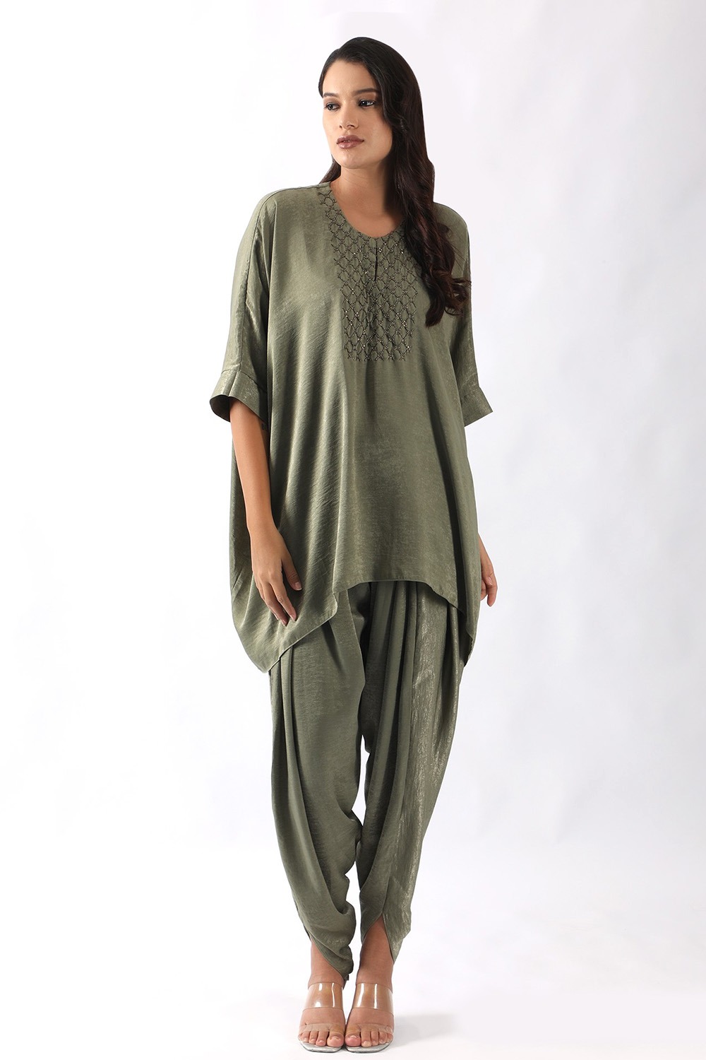 Olive Green yoke embroidered kaftan paired with dhoti