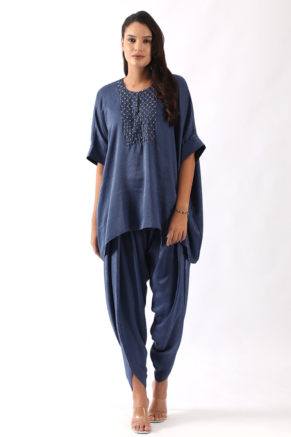 Blue yoke embroidered kaftan paired with dhoti