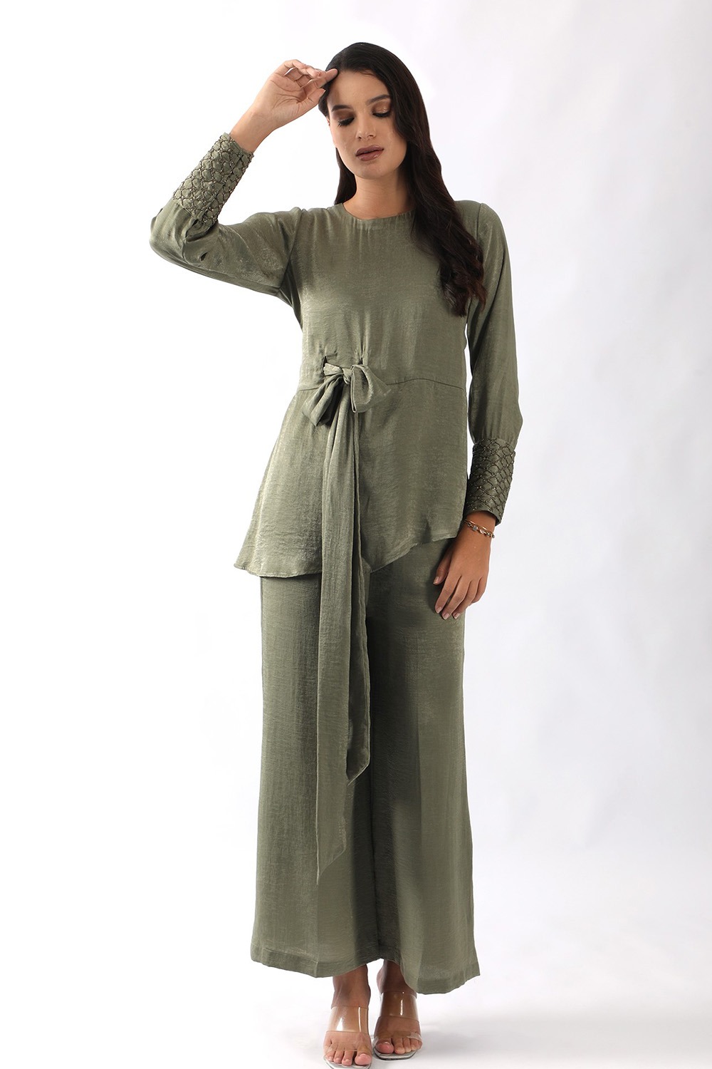 Olive Green cuff embroideref co-ord set