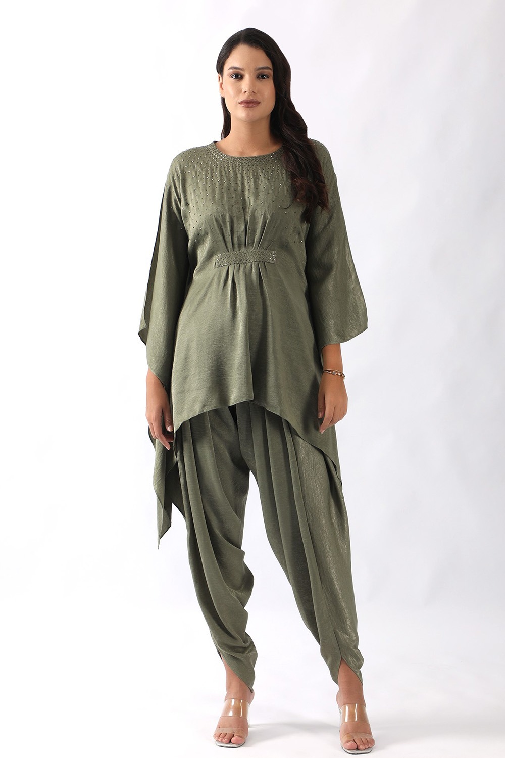Olive Green embroidered kaftan with belt paired with dhoti