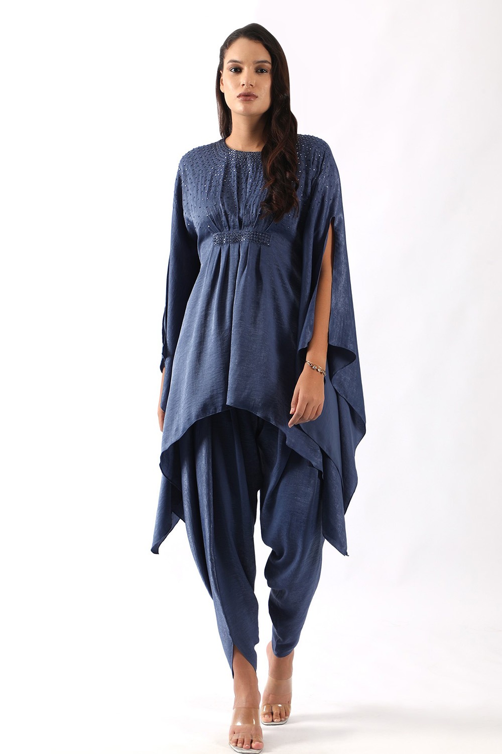 Blue embroidered kaftan with belt paired with dhoti