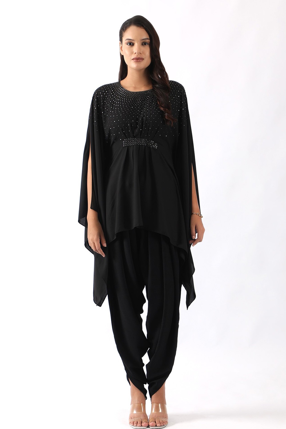 Black embroidered kaftan with belt paired with dhoti