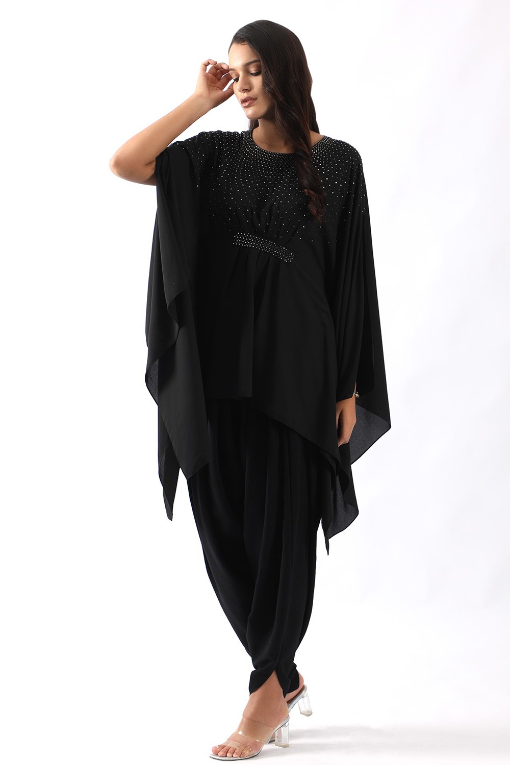 Black embroidered kaftan with belt paired with dhoti