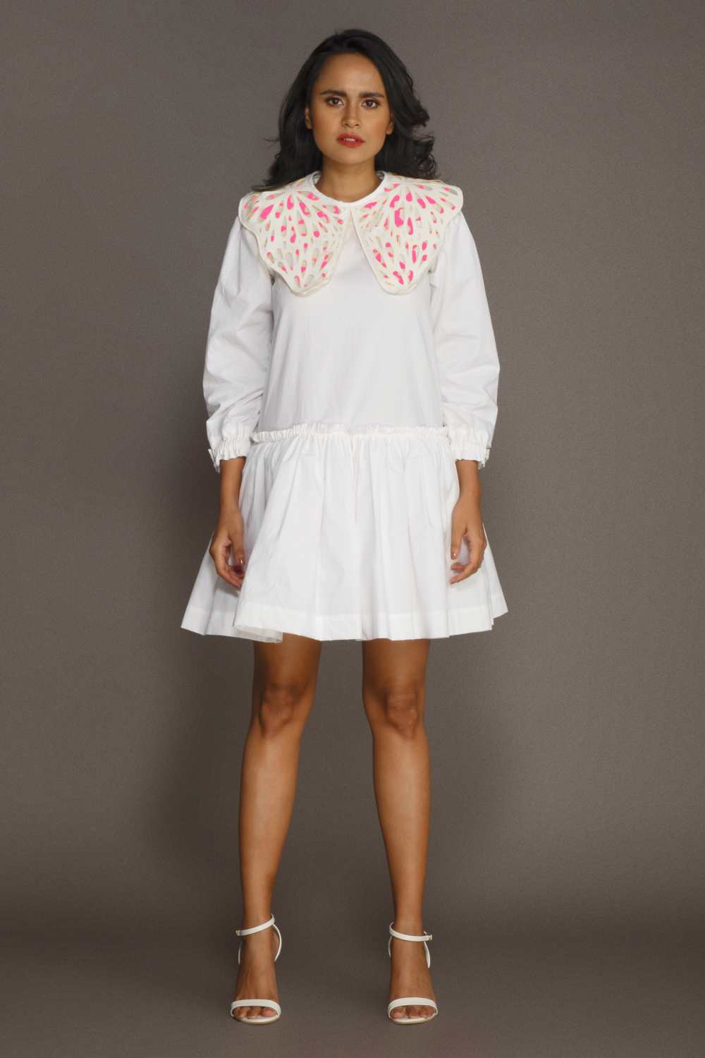Cotton Dress With Puff Sleeves And Frill At Bottom