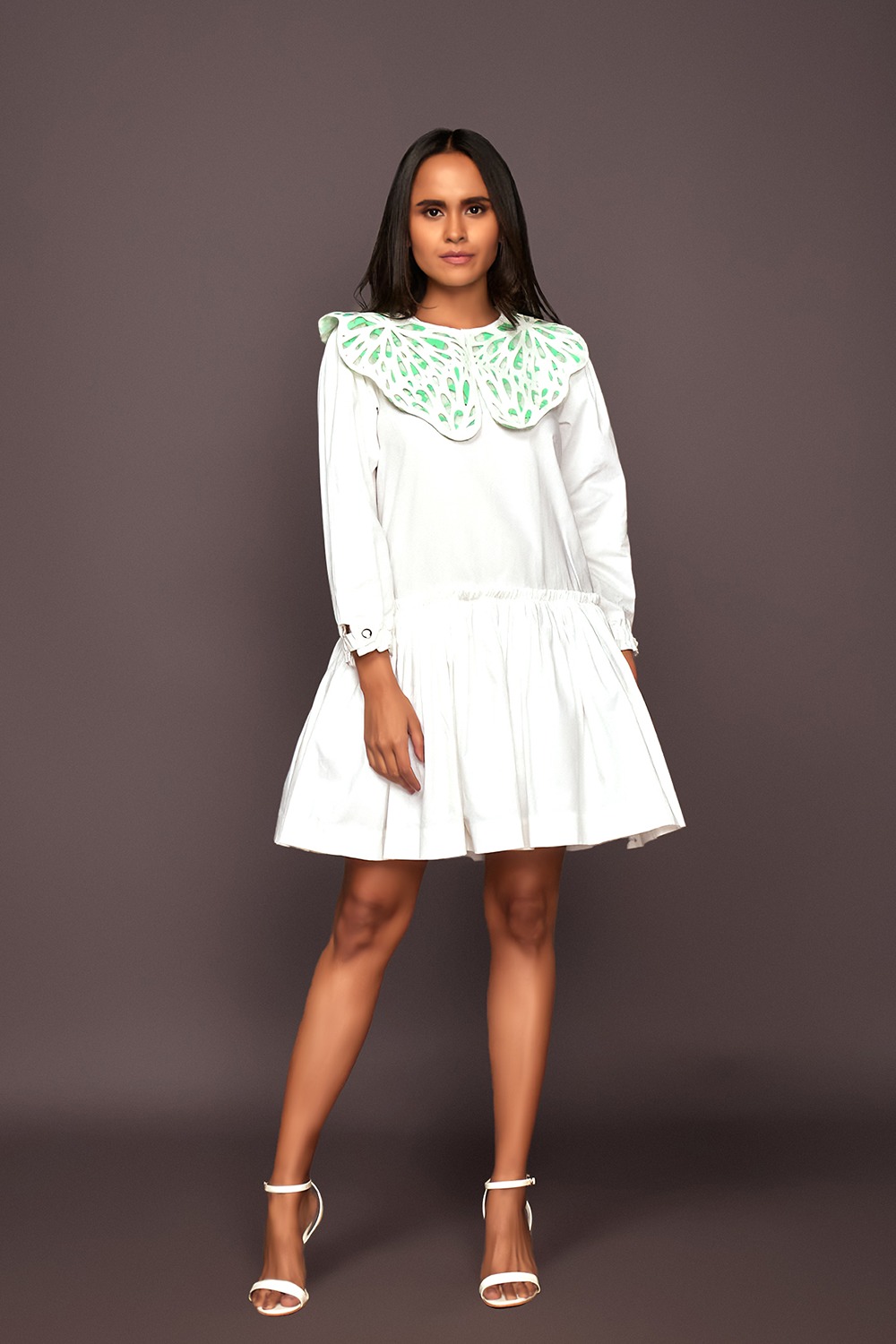 Cotton Dress With Puff Sleeves And Frill At The Bottom
