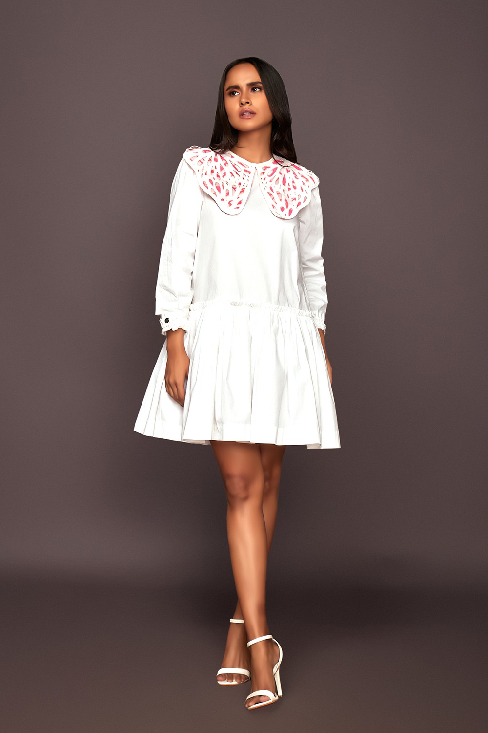 Cotton Dress With Puff Sleeves And Frill At The Bottom