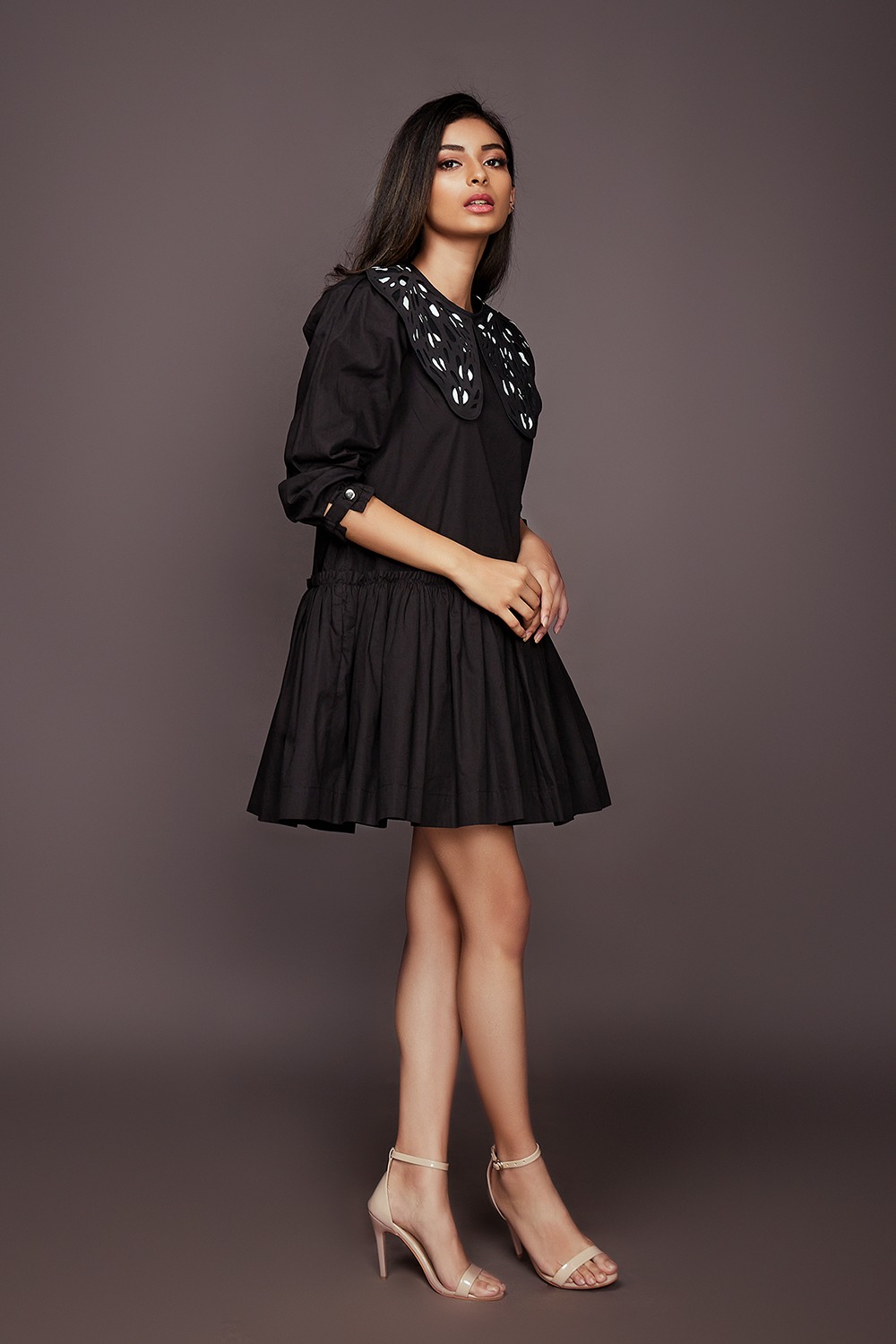Cotton Dress With Puff Sleeves With Detachable Cutwork Collar