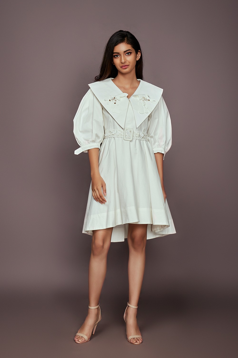A-Line Cotton Dress With Cutwork Collar