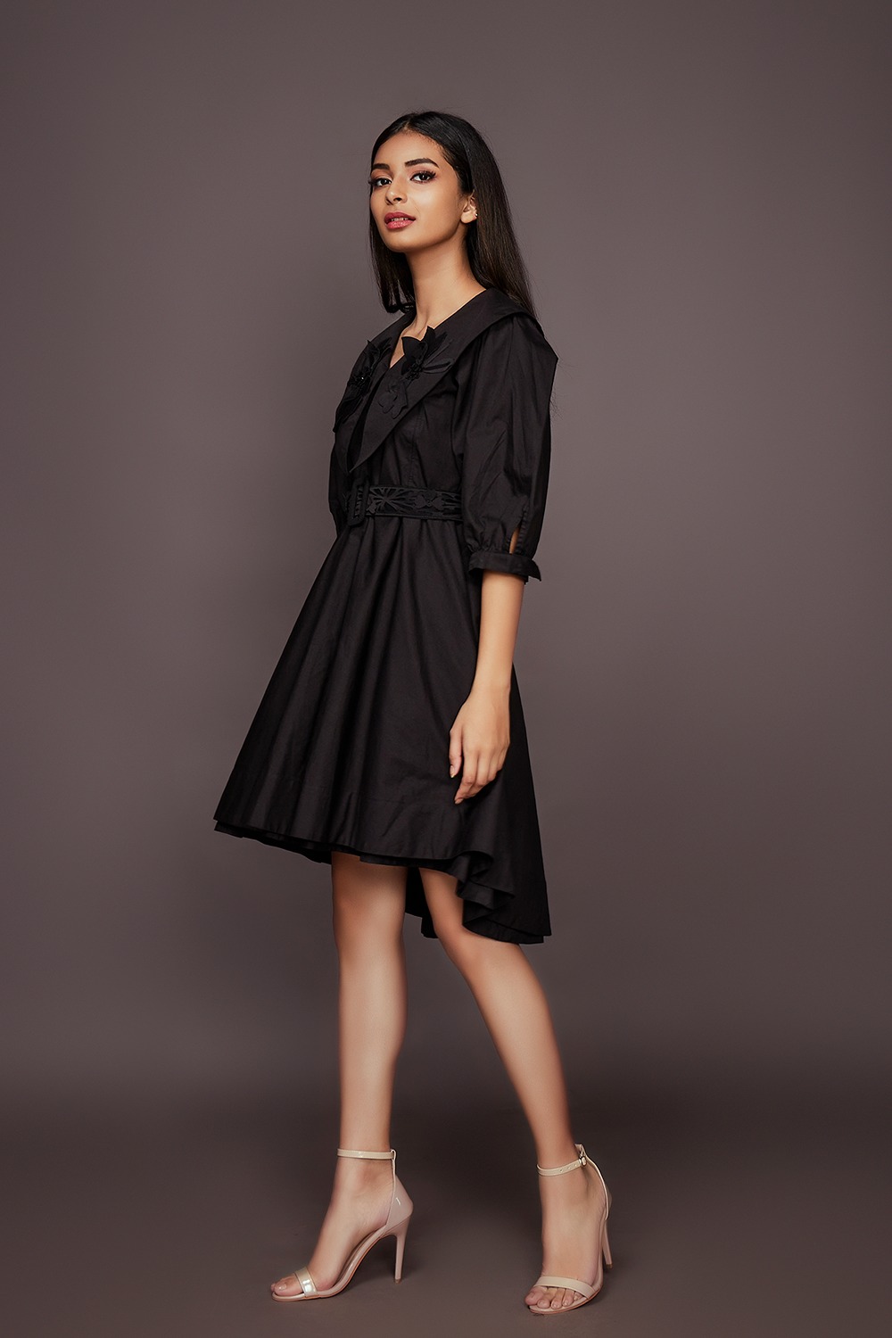 A-Line Cotton Dress With Cutwork Collar And Belt