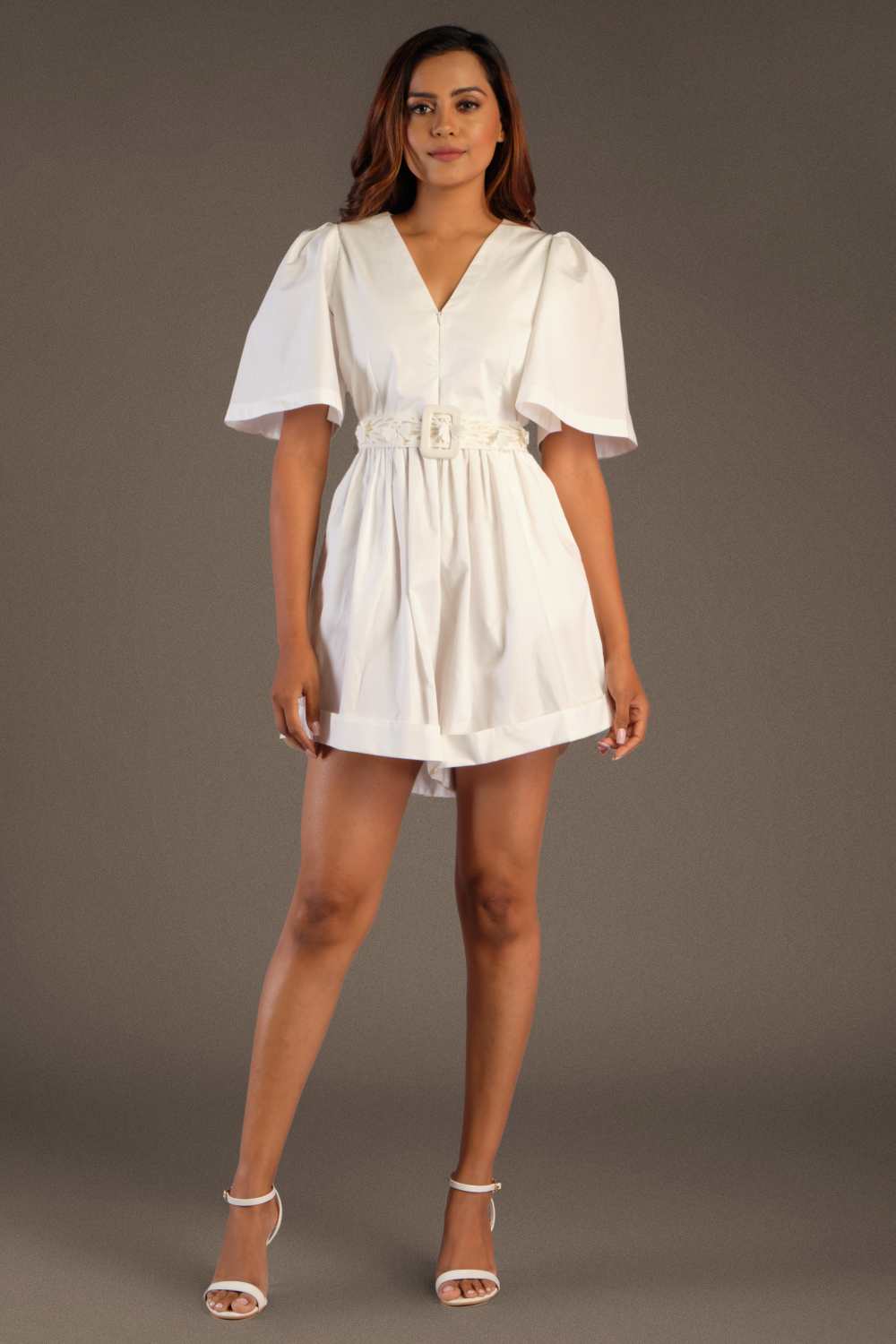 Cotton Playsuit With Embroidery & Flower Applique Work At Back