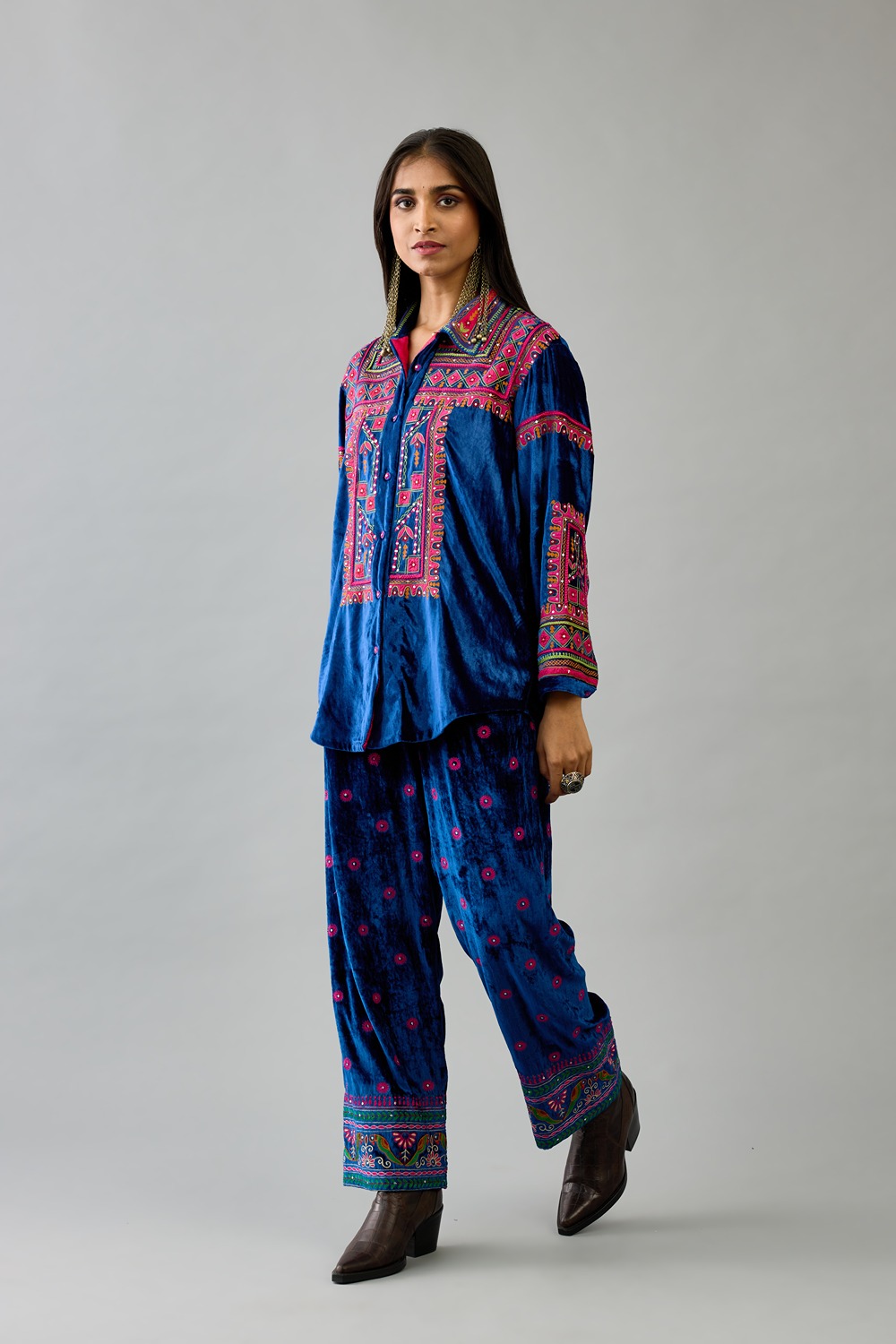 Blue Silk Velvet Embroidered Shirt Paired With Blue Silk Velvet Straight Pants