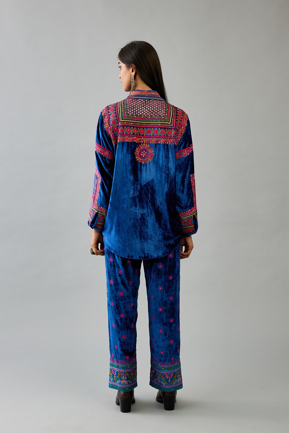 Blue Silk Velvet Embroidered Shirt Paired With Blue Silk Velvet Straight Pants