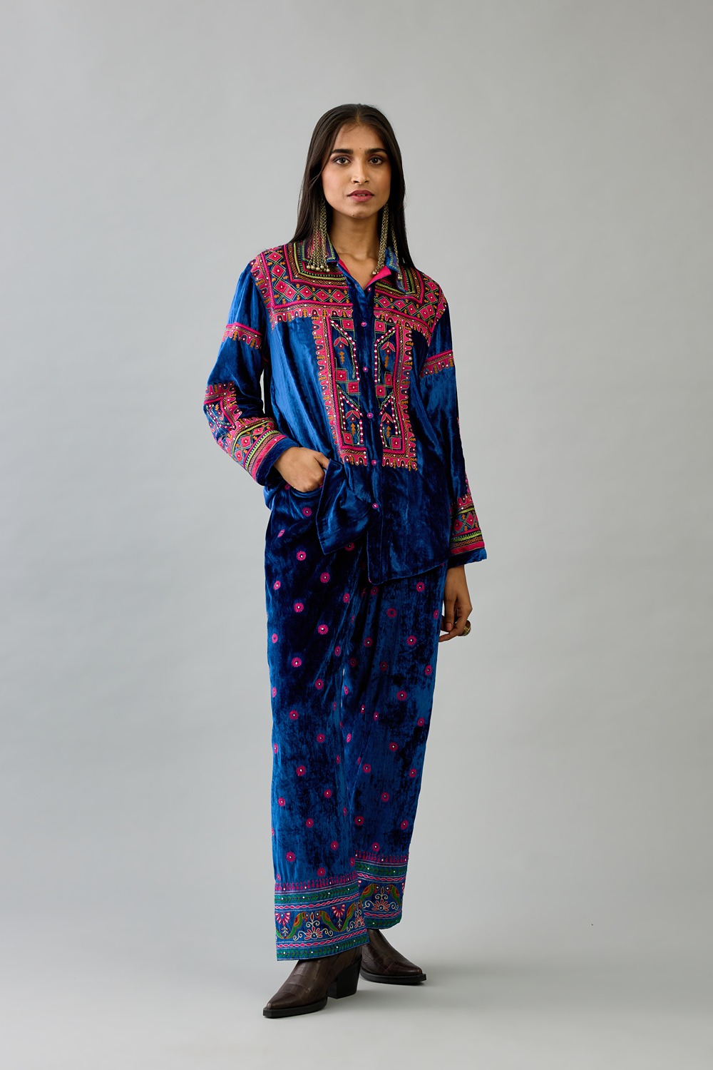 Blue Silk Velvet Embroidered Shirt With Full Sleeves