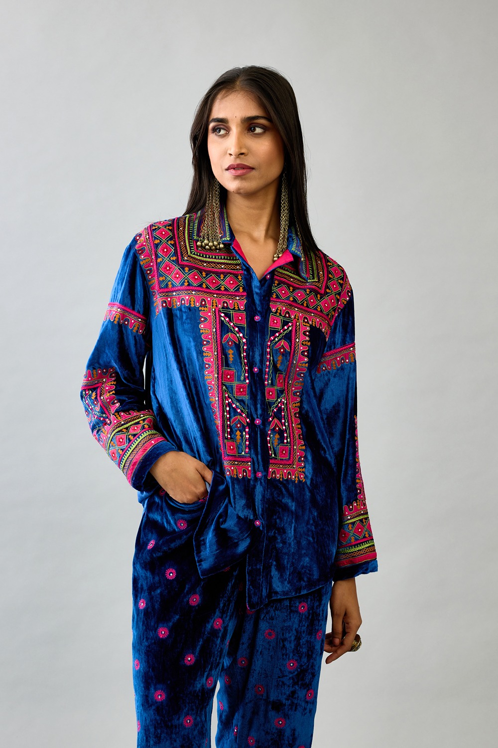 Blue Silk Velvet Embroidered Shirt With Full Sleeves