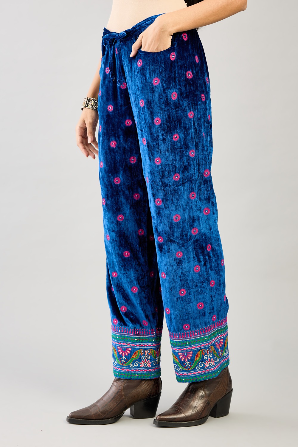 Blue Silk Velvet Straight Pants With All Over Contrast Color Embroidery Detailed With Sequins.