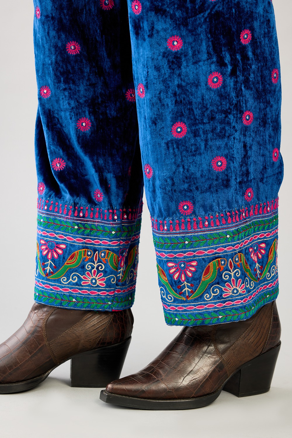 Blue Silk Velvet Straight Pants With All Over Contrast Color Embroidery Detailed With Sequins.