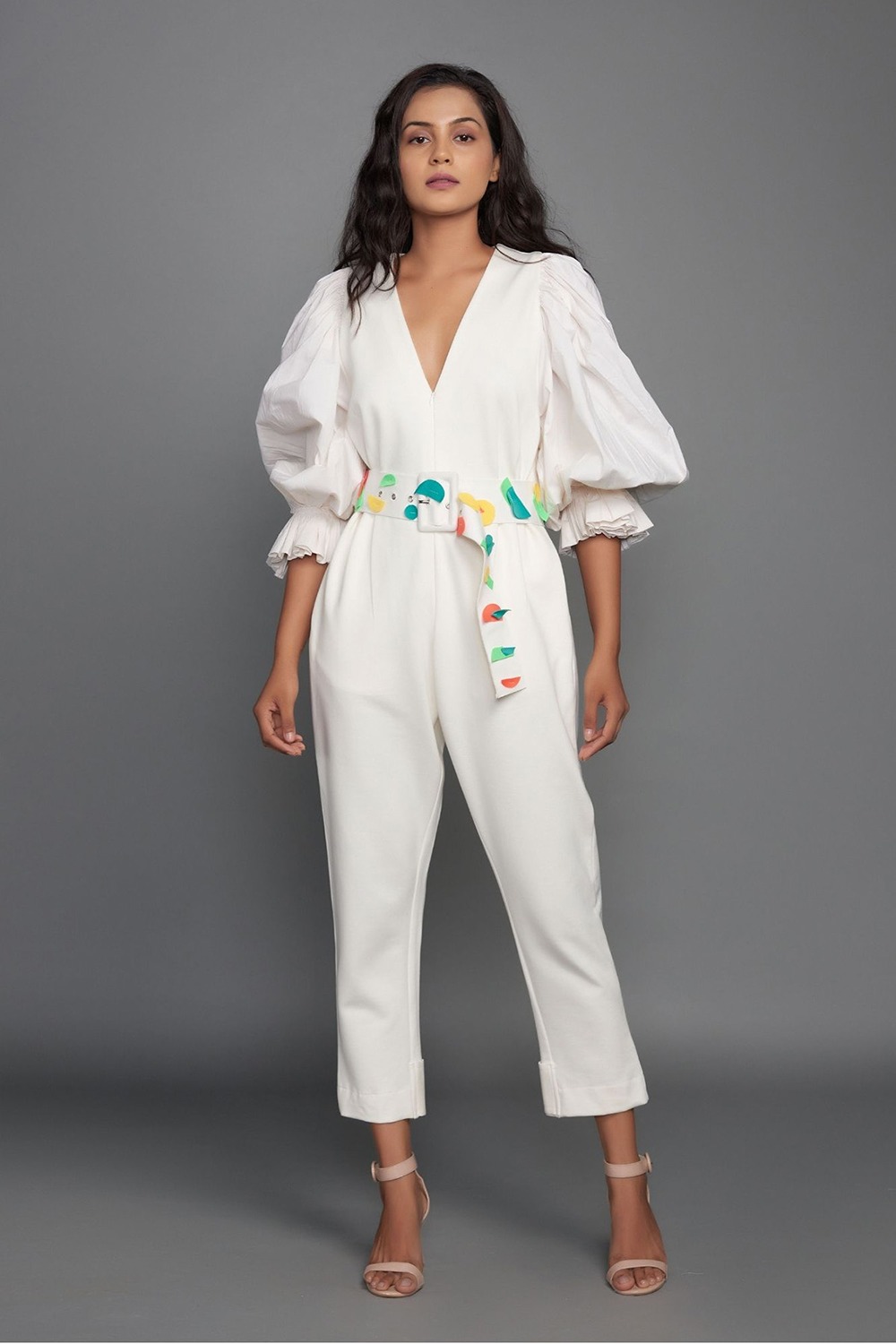 Neon Detailed Belt V-Neck Jumpsuit With Oversized Cotton Sleeves