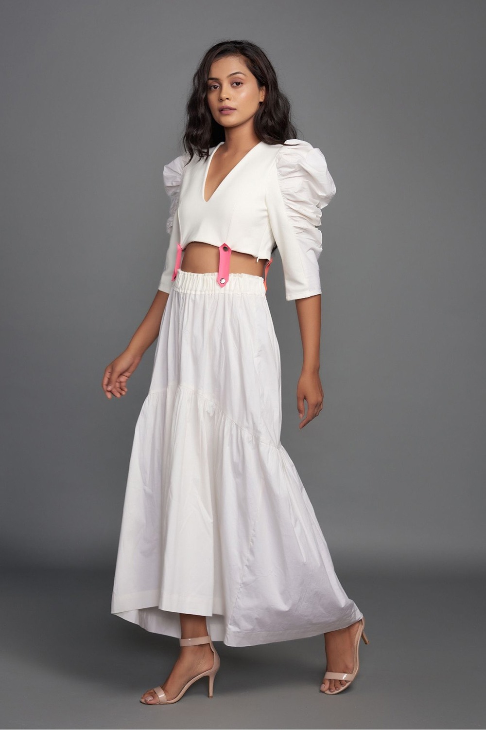 Co-Ord Set Of V Neck Crop Top With Tiered Maxi Skirt