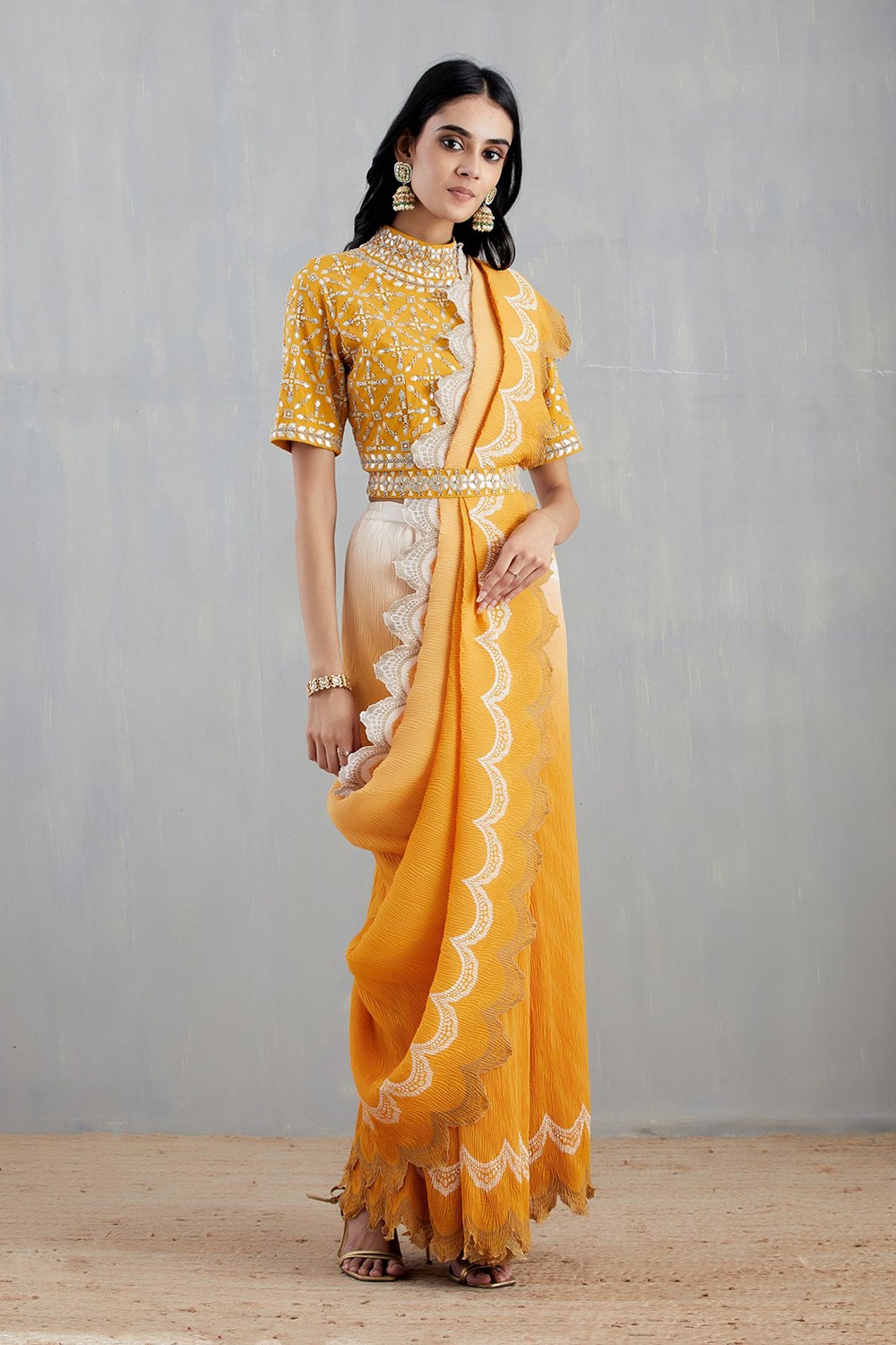 Yellow Shaded Crinkle Saree Set