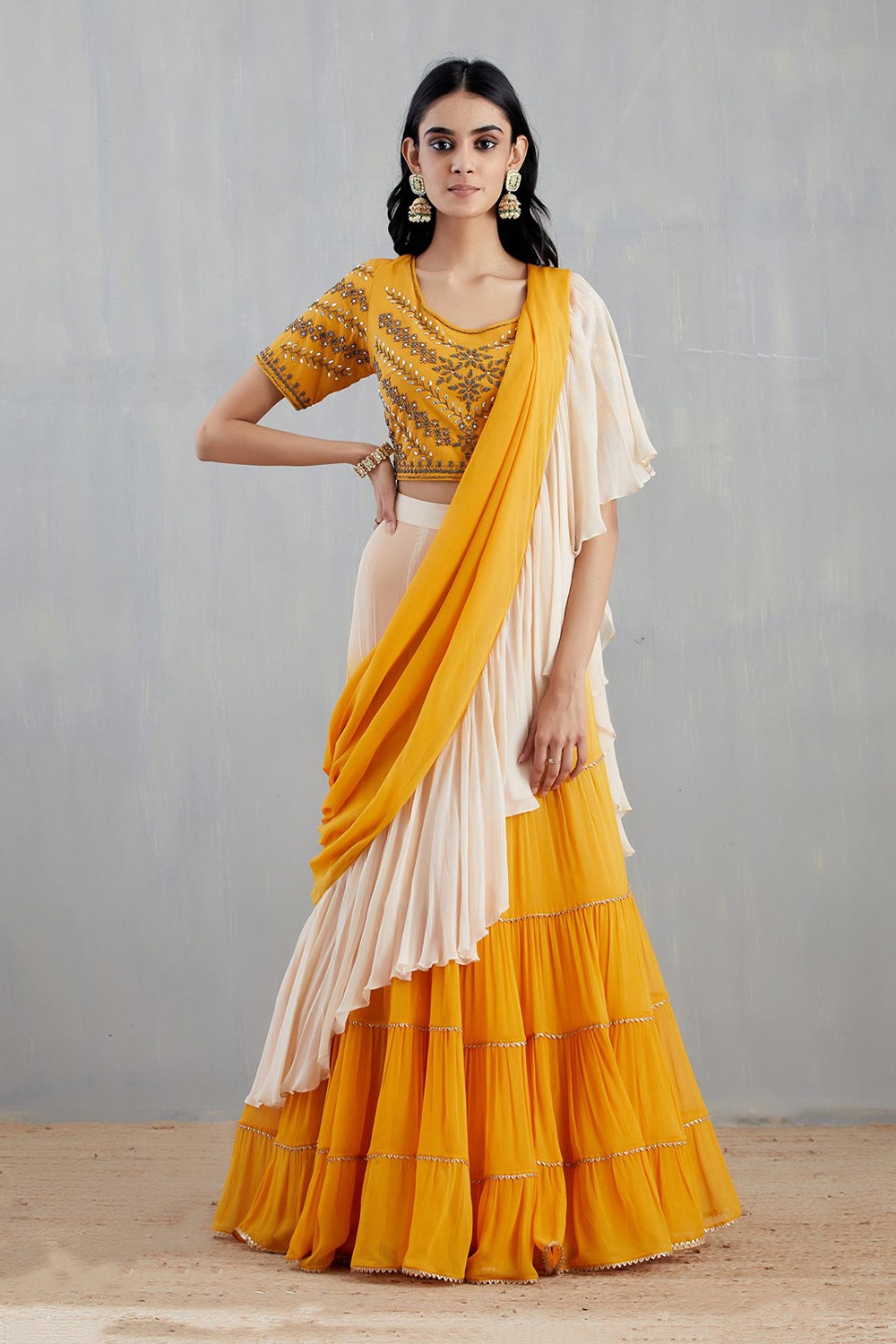 Yellow Hand Embellished Tiered Saree