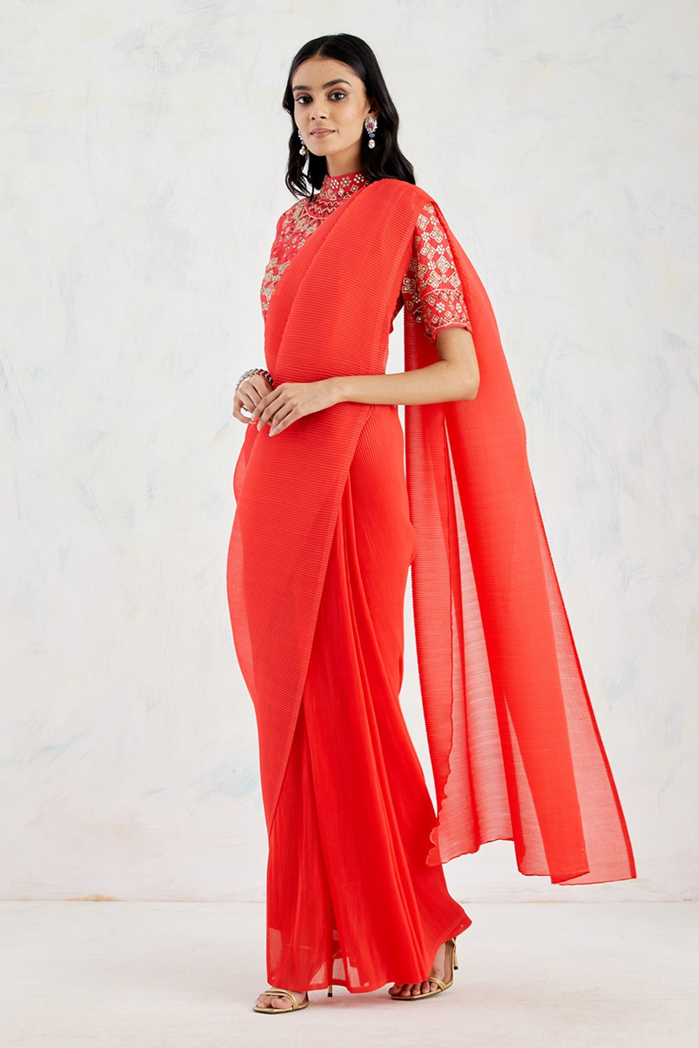 Vermillion Red Pleated Saree Set
