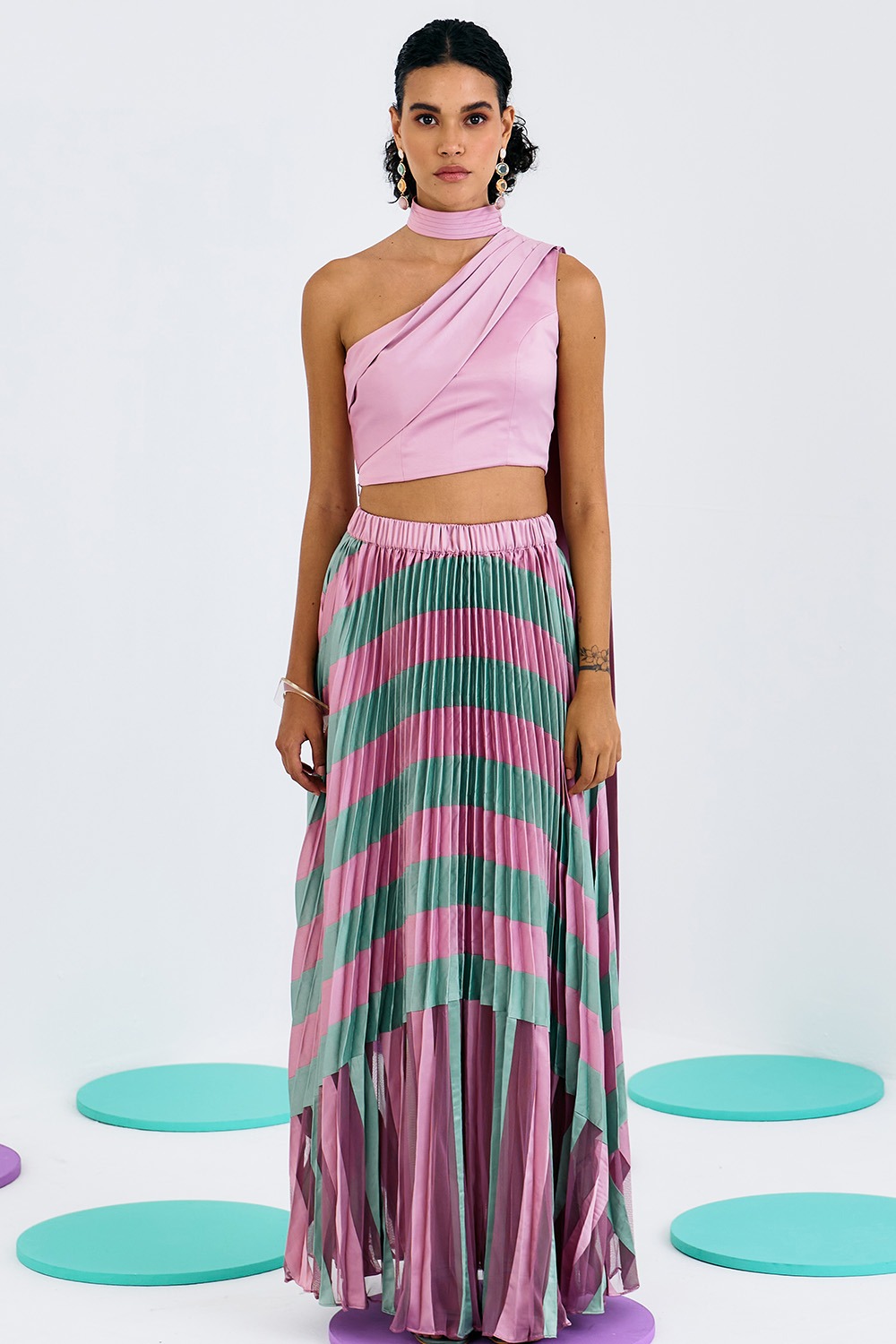 Pink One Shoulder Pleated Drape Top