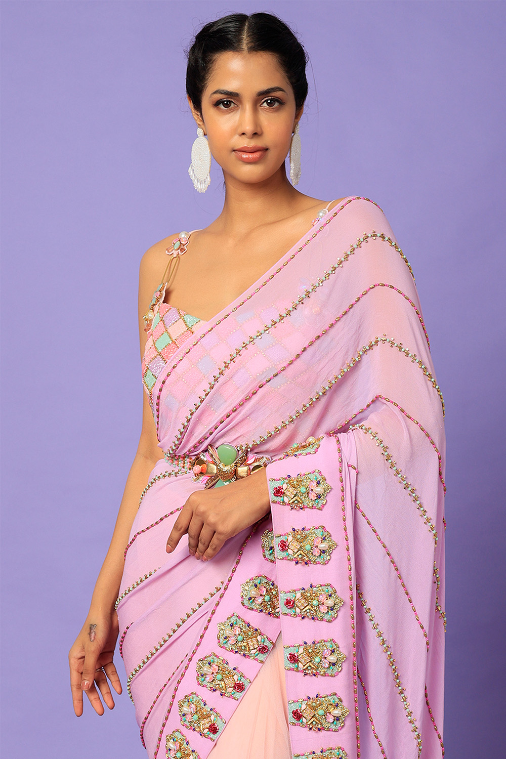 Keeping My Tabs - Blush Pink Pre-Stitched Saree Set