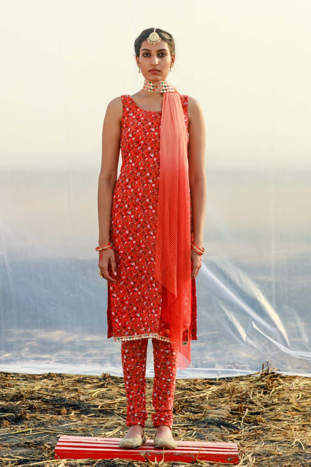 Fiery Red Round Neck Printed Suit