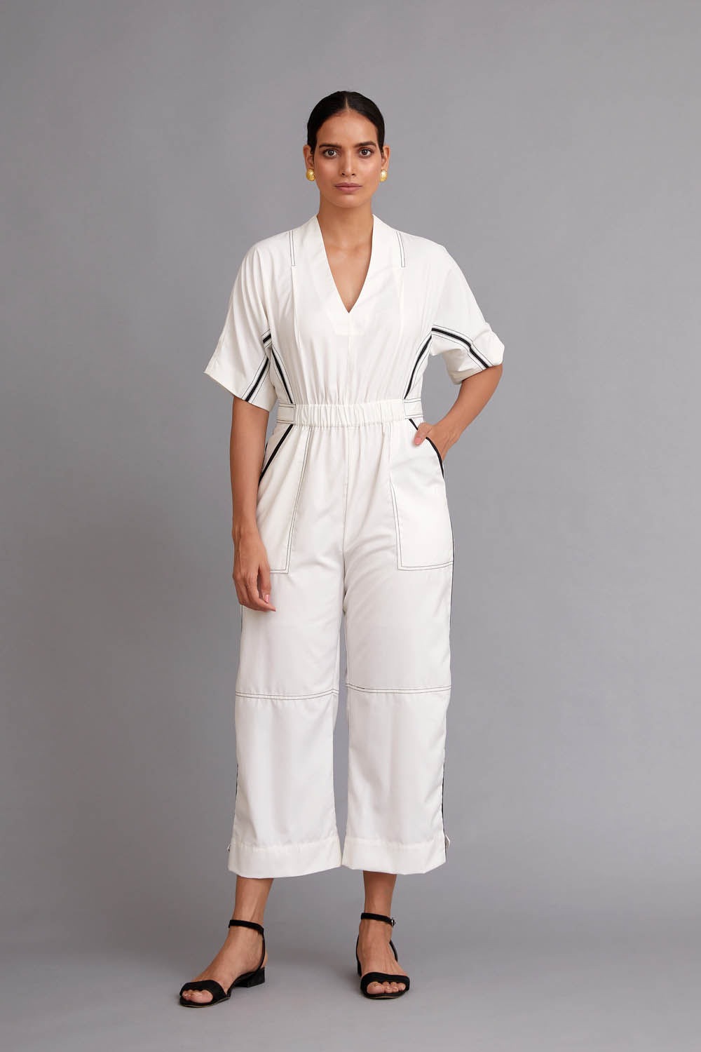 White Blue Piping Jumpsuit