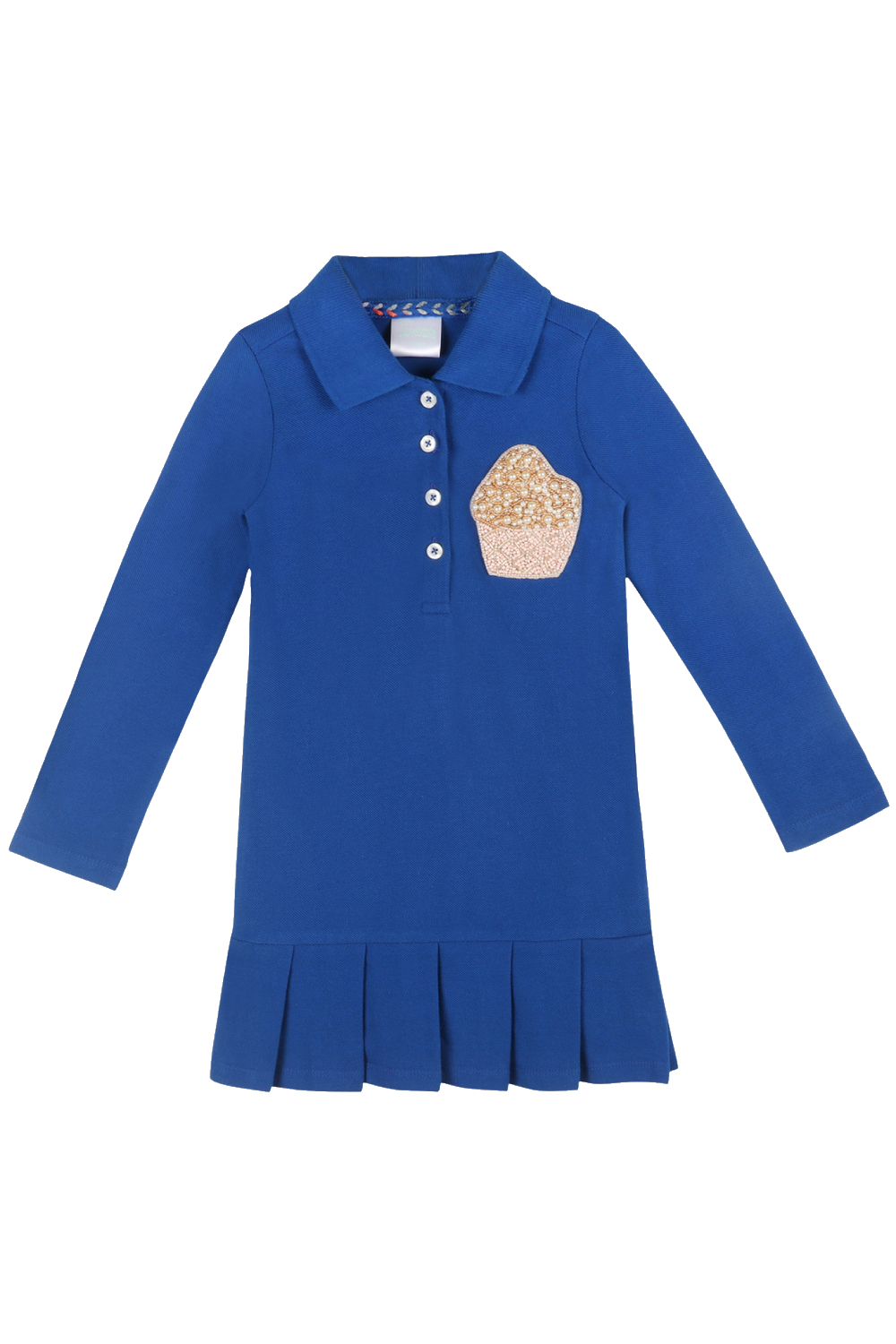 Girls Full Sleeves Polo Dress With Pleats And Cup Cake Motif