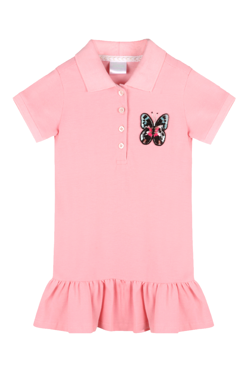 Girls Polo Dress With Ruffles At Hem And Pink Butterfly Motif