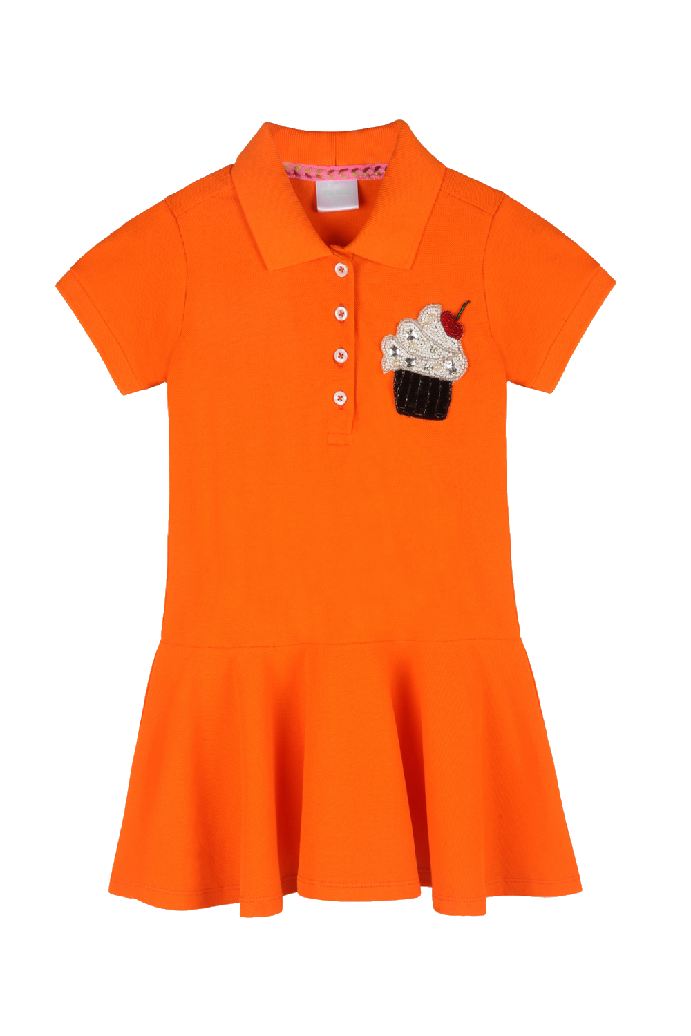 Girls Polo Dress In Drop Waist Silhouette And Muffin With Cherry Motif