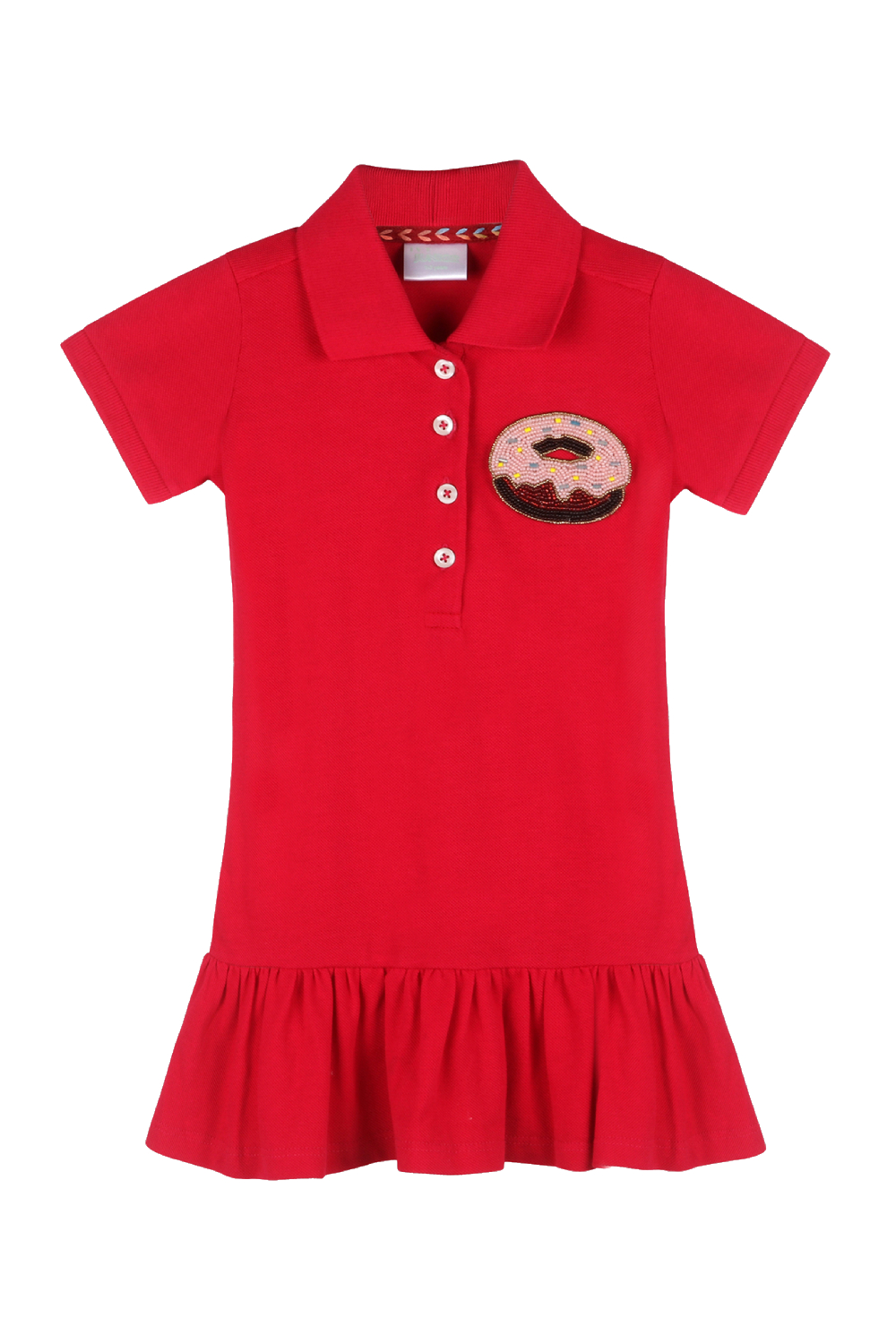 Girls Polo Dress In Red With Ruffles At Hem And Donut Motif