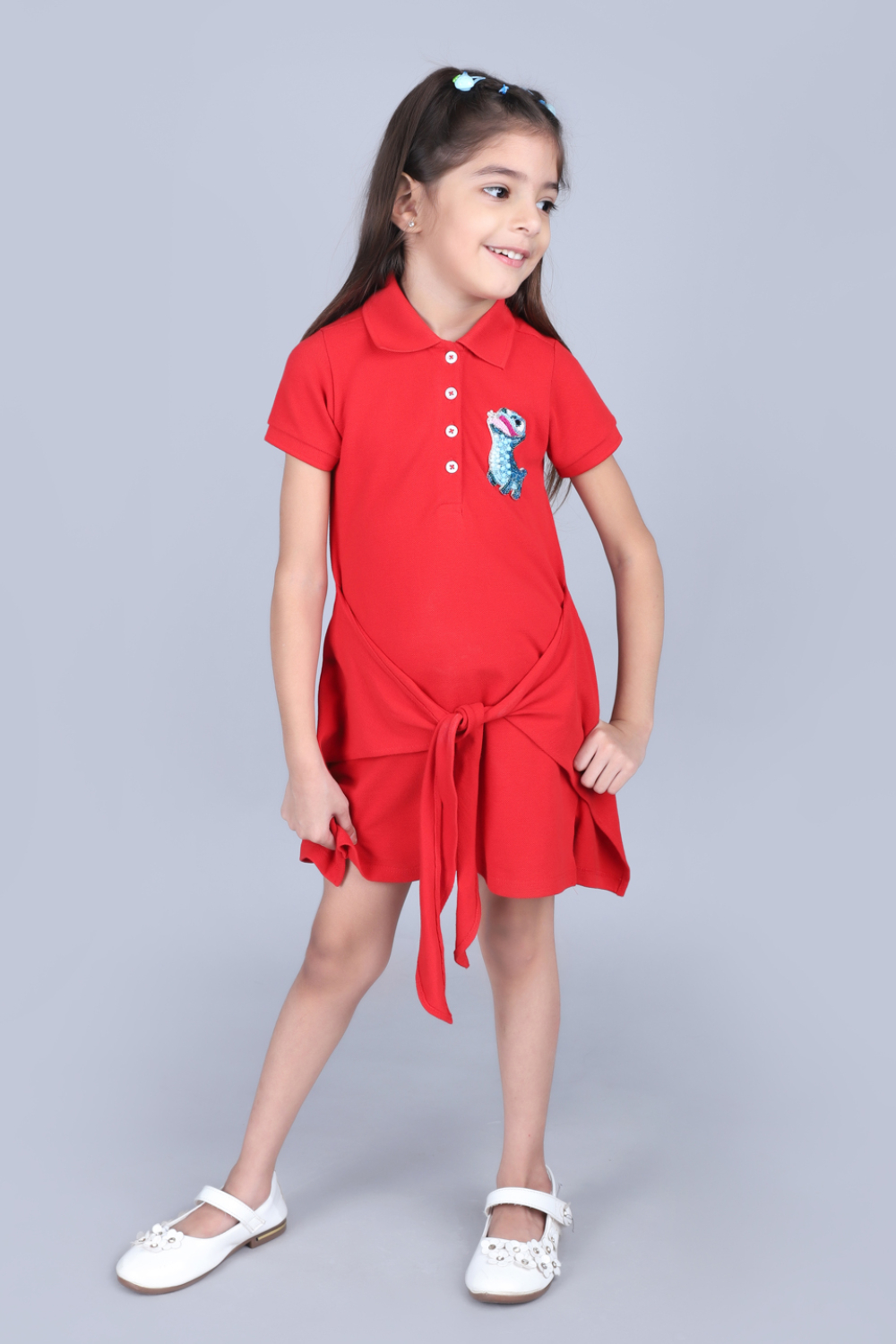 Girls Polo Dress With Baby Dinosaur Hand Embellishment 