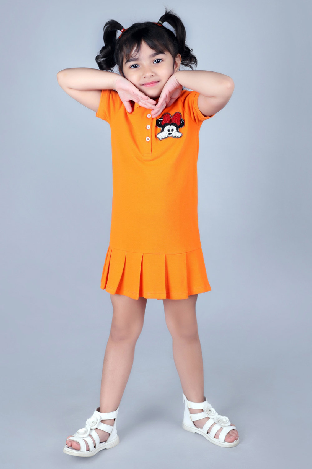 Girls Polo Orange Dress With Hand Embellished Minnie Mouse