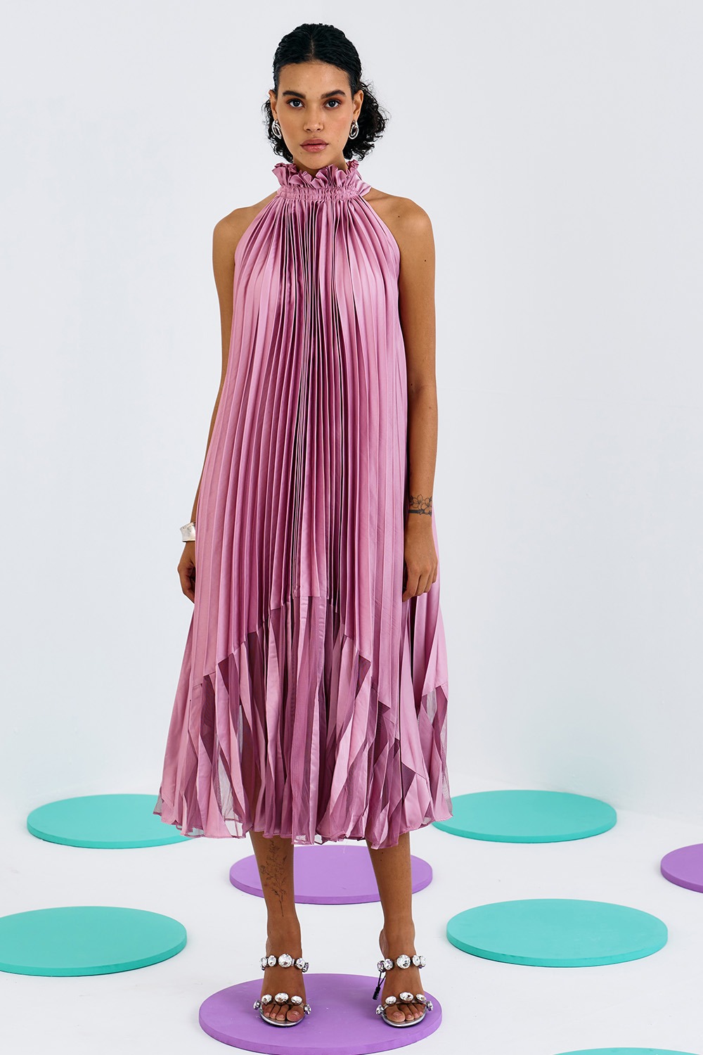 Pink Pleat Soft Net Halter Dress