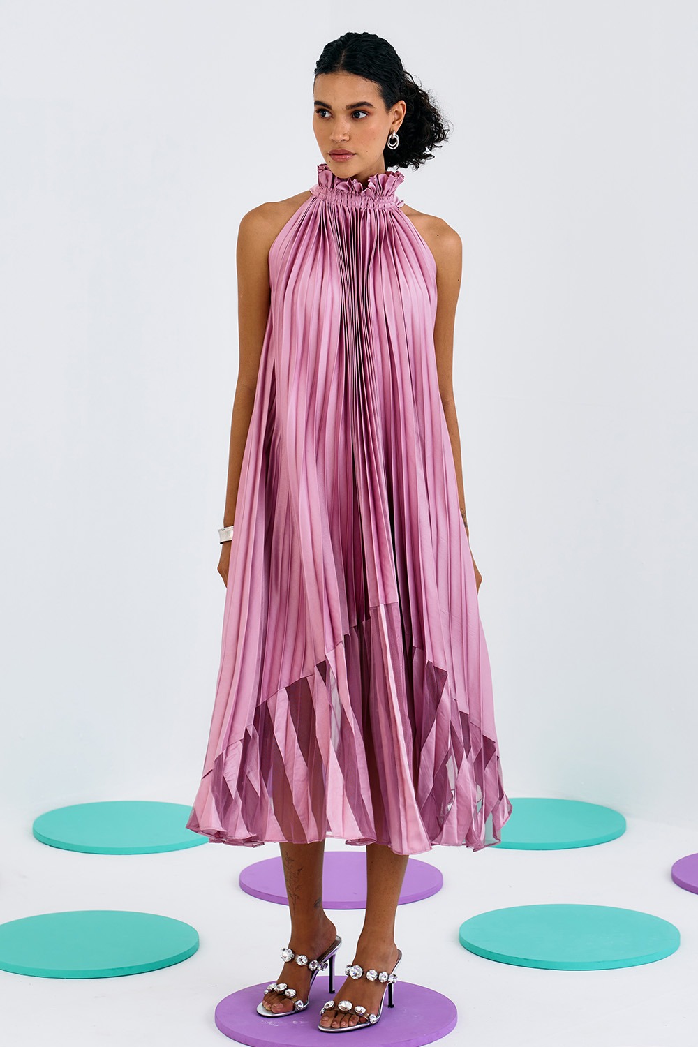 Pink Pleat Soft Net Halter Dress