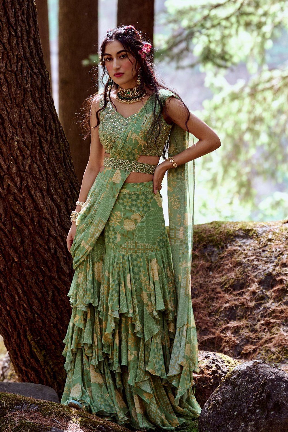 Fern Green Naksha Print Asymmetric Layered Saree